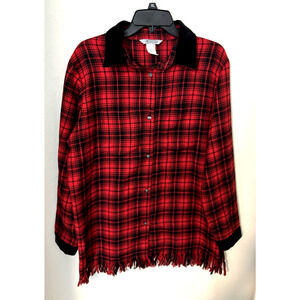 Stonebridge Red & Black Plaid Flannel Fringed Velvet Trim Button-Up Shirt Top L